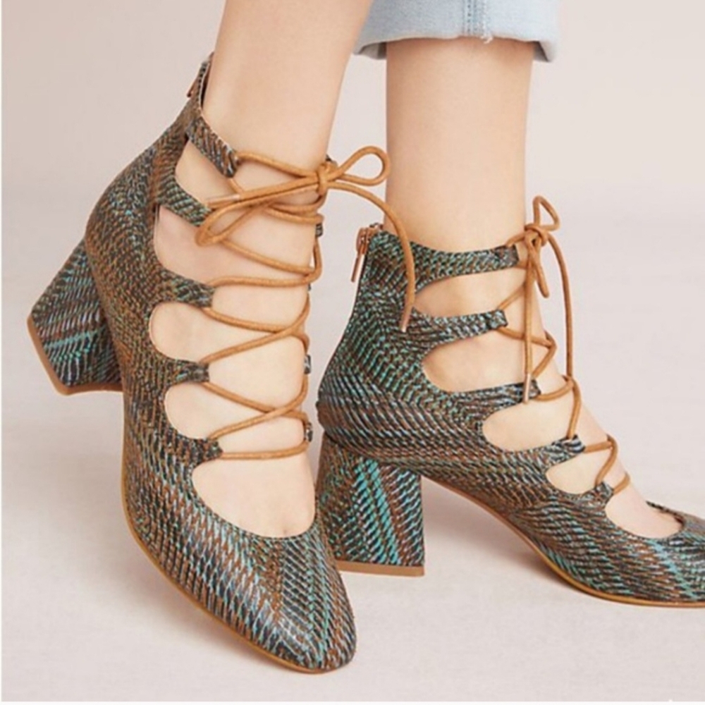 Vanessa Wu Anthropologie Ghillie Lace-Up Snake Print Block Heel Bootie